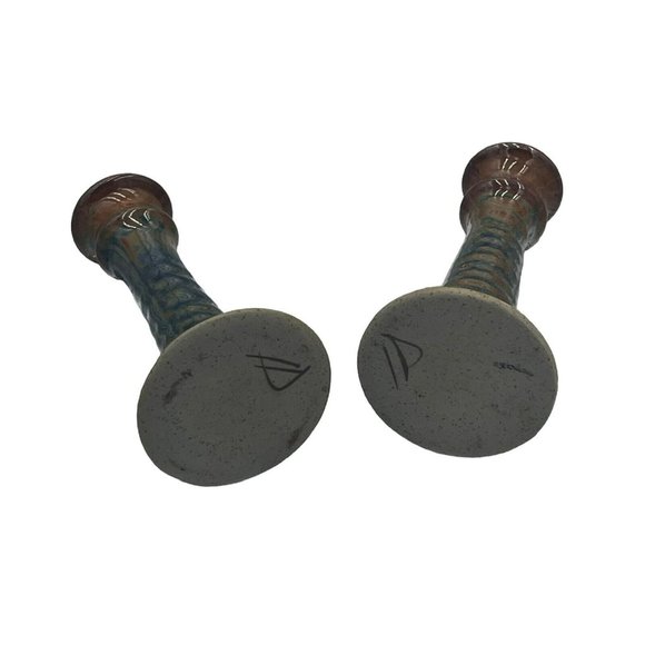 Studio Pottery Pair Of Candlestick Holder Drip Glaze Blue Brown Artist Signed 6” - Picture 4 of 8